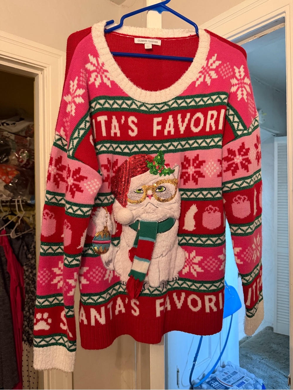 Cozy Novelty 'Santa's Favorite' Cat Crewneck Sweater - Pink & Red